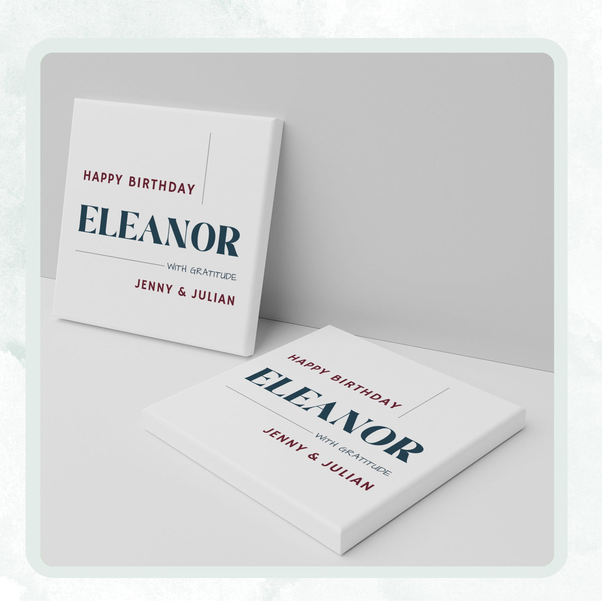 DESIGN F - Happy Birthday With Gratitude personalized ceramic coaster, two coasters shown standing and lying flat