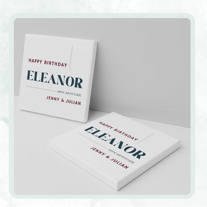 DESIGN F - Happy Birthday With Gratitude personalized ceramic coaster, two coasters shown standing and lying flat