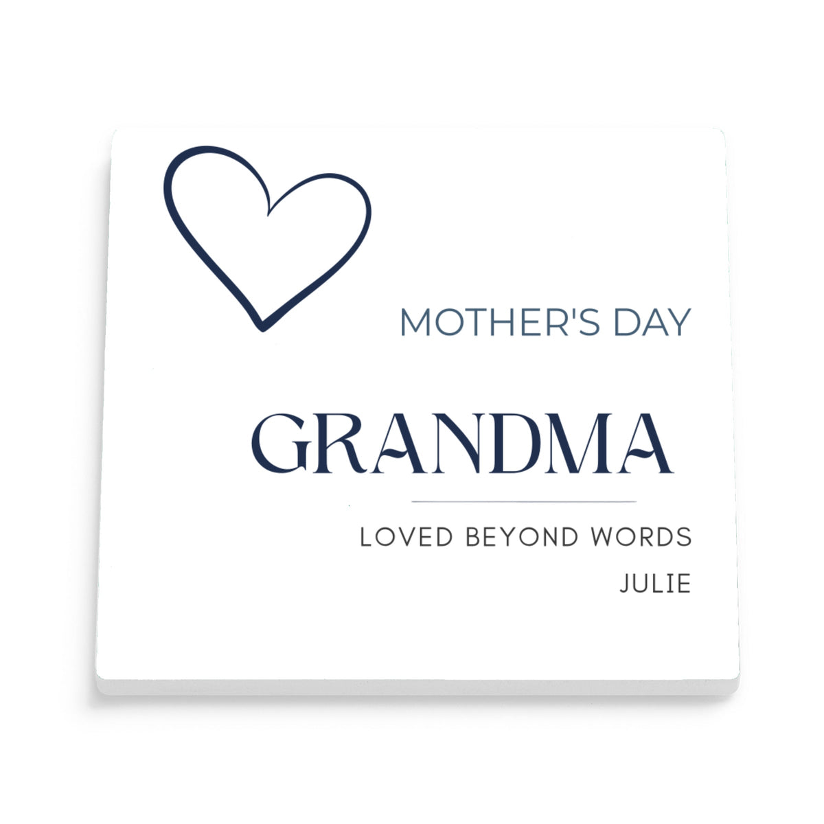 DESIGN B - Loved Beyond Words Heart personalized ceramic coaster, front view of the square glossy white coaster