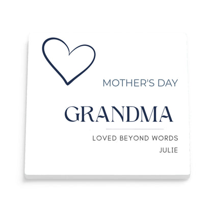 DESIGN B - Loved Beyond Words Heart personalized ceramic coaster, front view of the square glossy white coaster