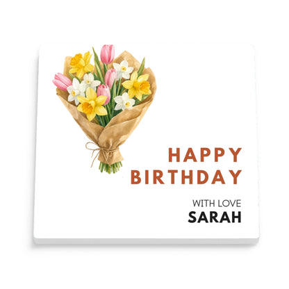 DESIGN C - Birthday Flower Bouquet personalized ceramic coaster, front view of the square glossy white coaster