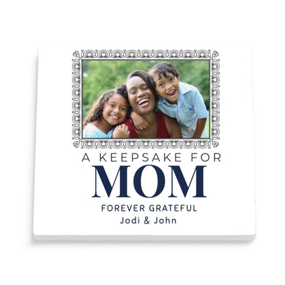 DESIGN E - A Keepsake for Mom Frame personalized ceramic coaster, front view of the square glossy white coaster