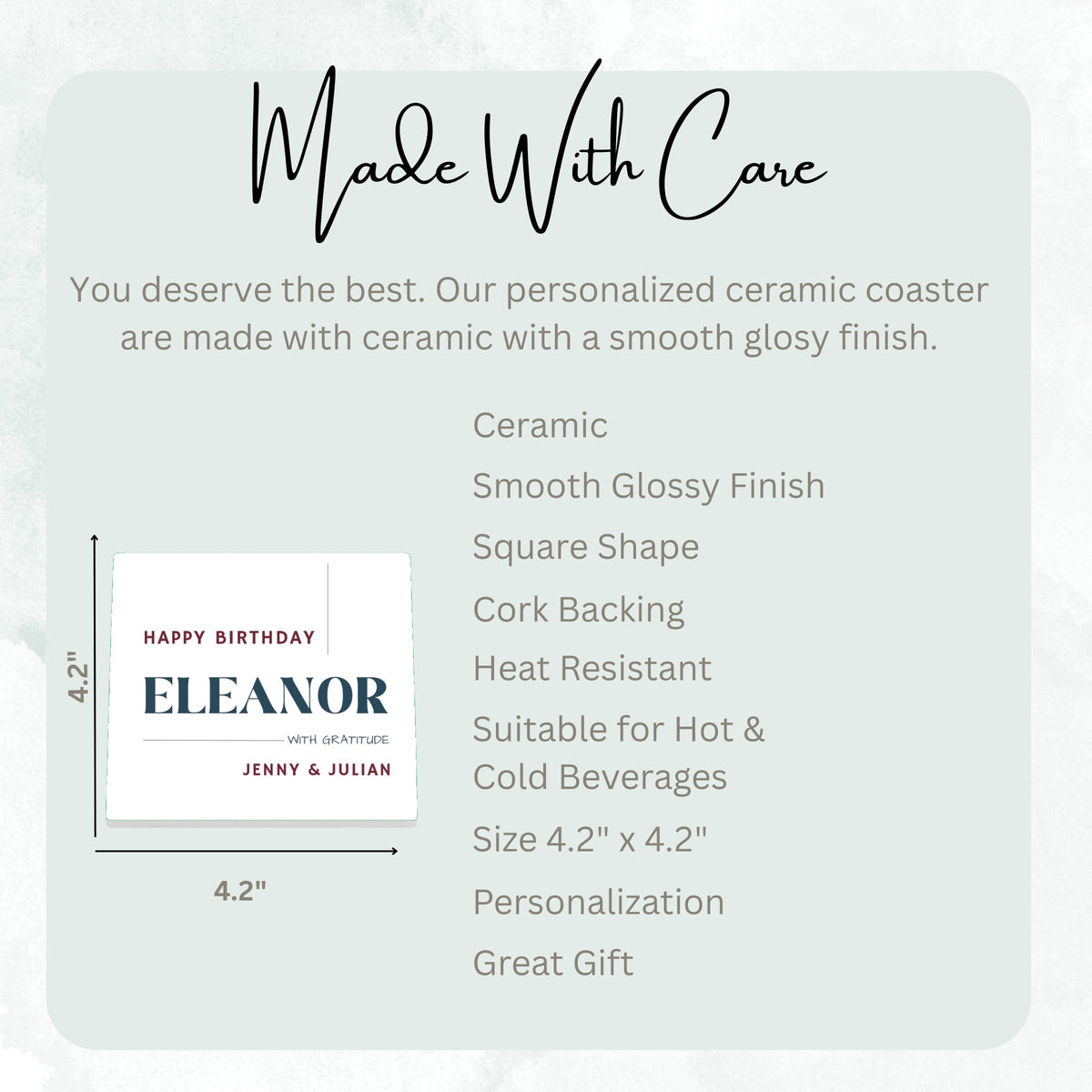 Happy Birthday With Gratitude ceramic coaster size guide, 4.2 x 4.2 inch square, glossy finish, cork backing