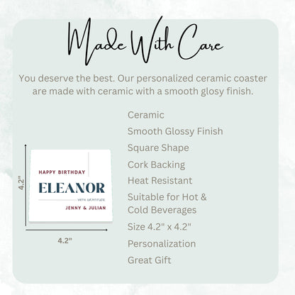 Happy Birthday With Gratitude ceramic coaster size guide, 4.2 x 4.2 inch square, glossy finish, cork backing