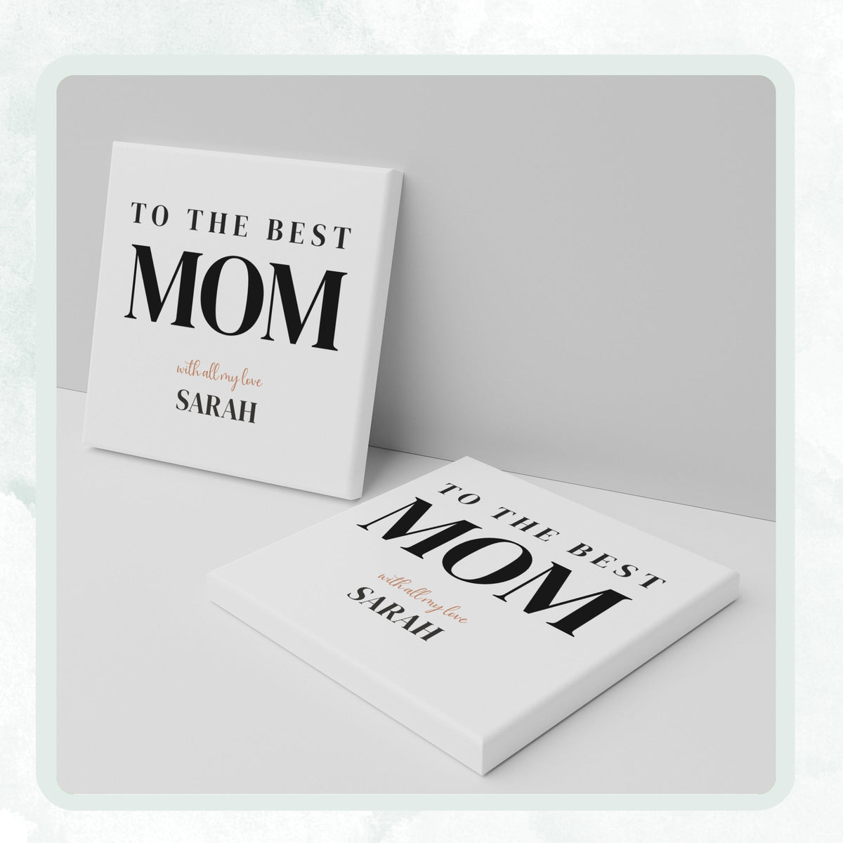 DESIGN A - To the Best Mom personalized ceramic coaster, two coasters shown standing and lying flat