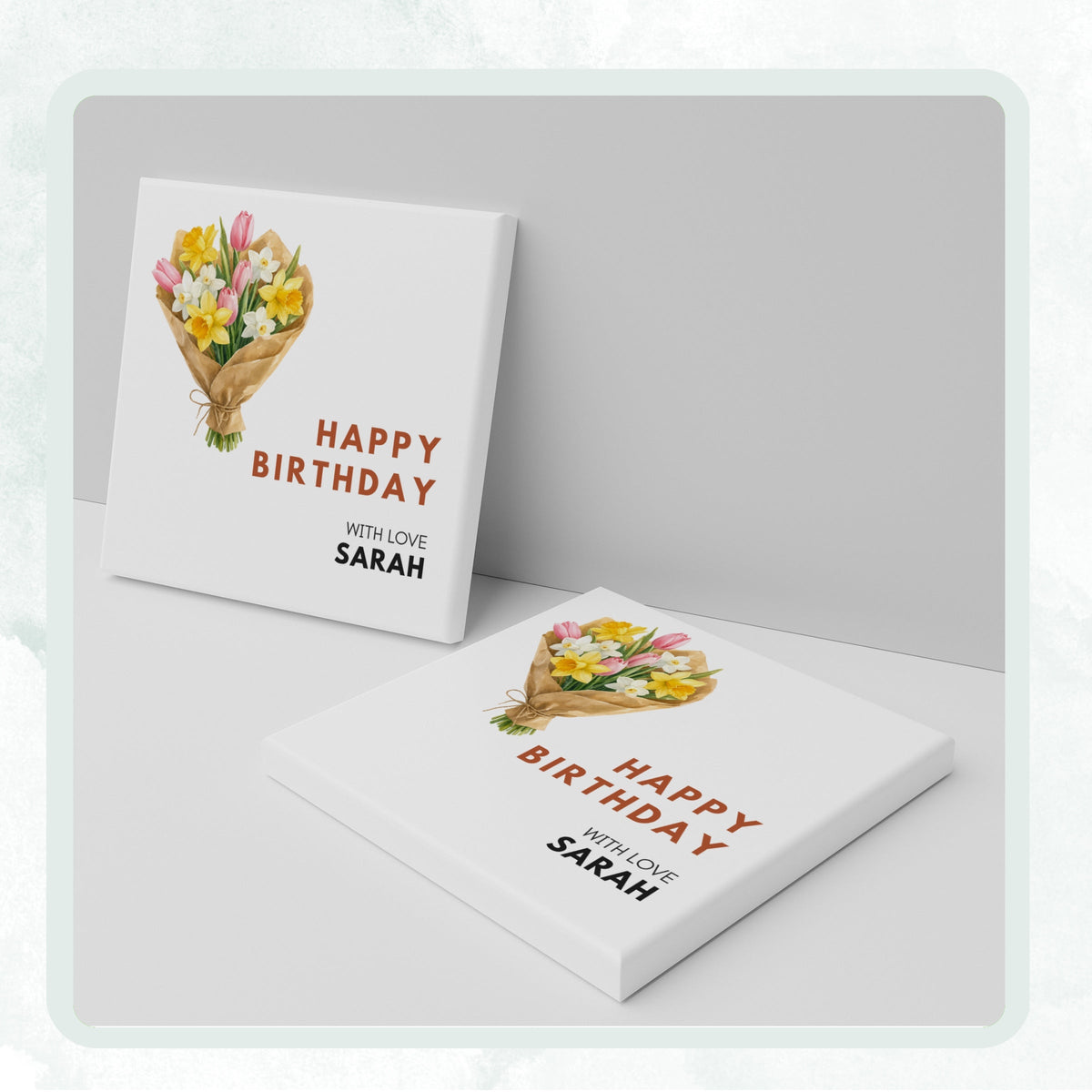 DESIGN C - Birthday Flower Bouquet personalized ceramic coaster, two coasters shown standing and lying flat