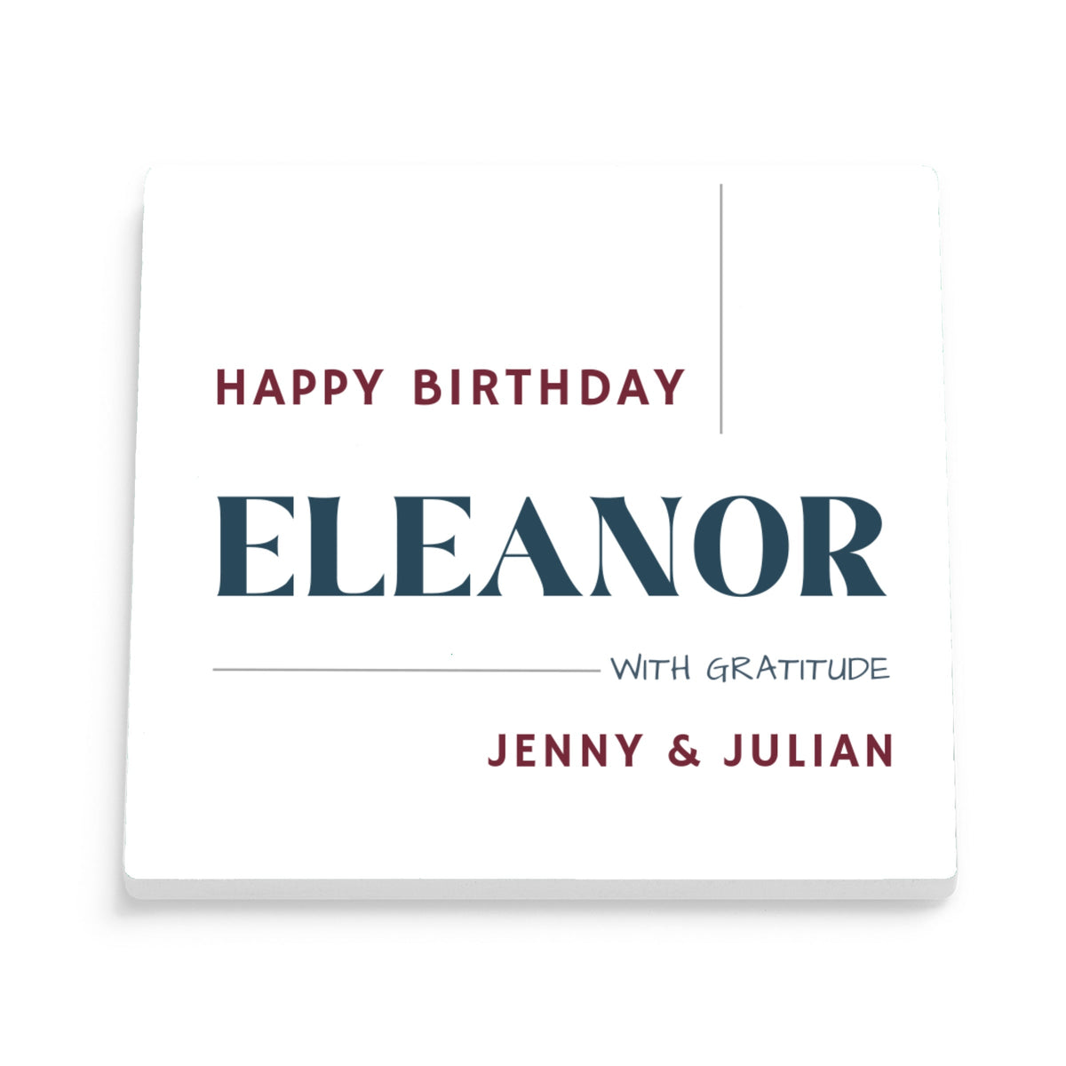 DESIGN F - Happy Birthday With Gratitude personalized ceramic coaster, front view of the square glossy white coaster
