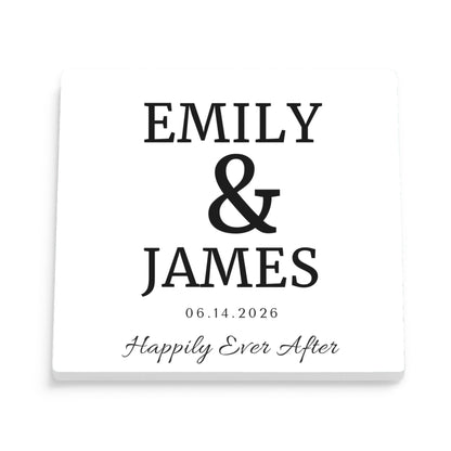 DESIGN A - Happily Ever After Names personalized ceramic coaster, front view of the square glossy white coaster