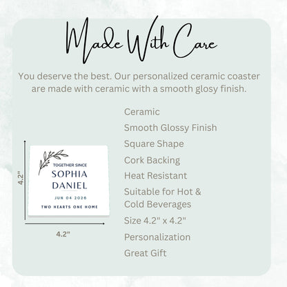 Together Since Botanical ceramic coaster size guide, 4.2 x 4.2 inch square, glossy finish, cork backing