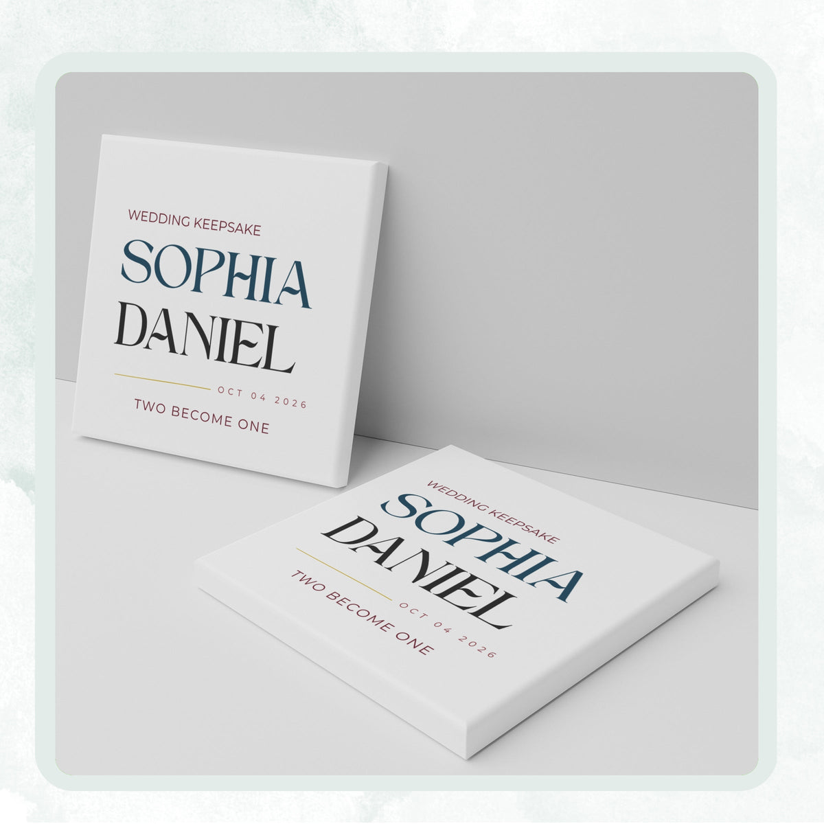 DESIGN F - Wedding Keepsake Two Become One personalized ceramic coaster, two coasters shown standing and lying flat