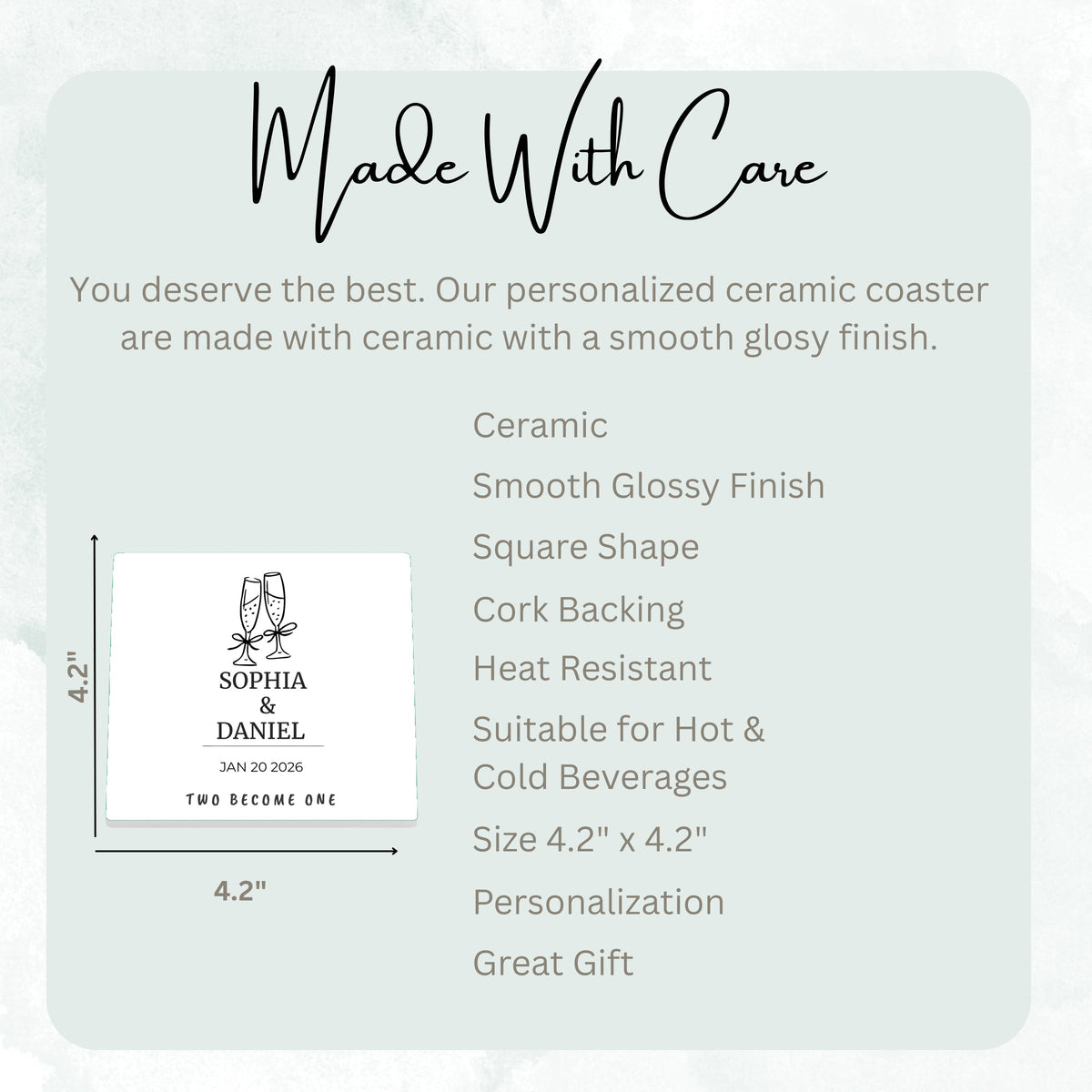 Champagne Toast Two Become One ceramic coaster size guide, 4.2 x 4.2 inch square, glossy finish, cork backing