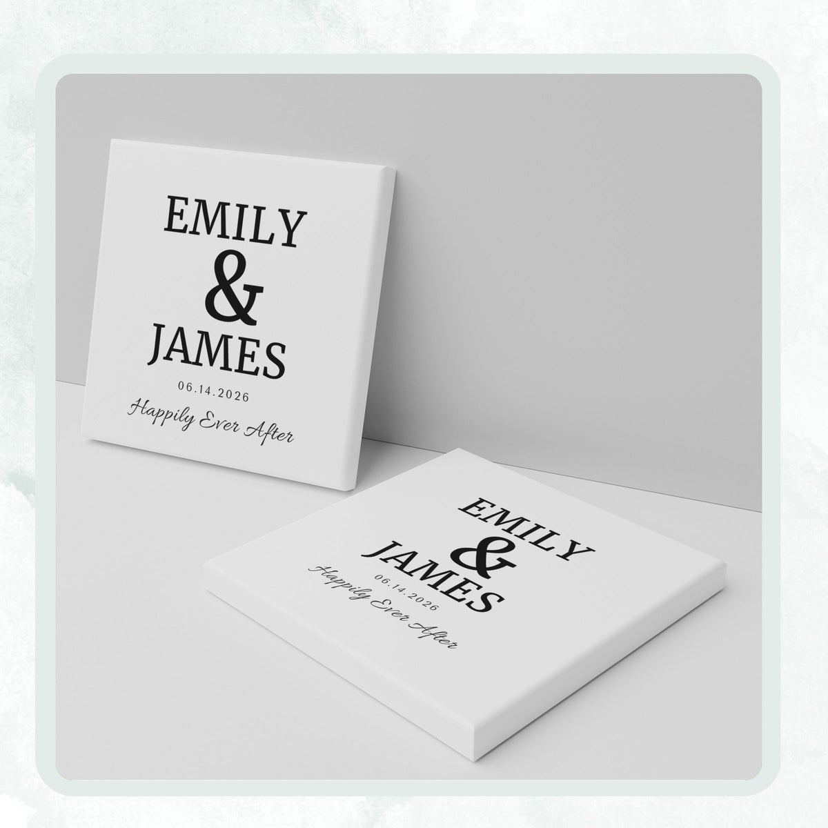 DESIGN A - Happily Ever After Names personalized ceramic coaster, two coasters shown standing and lying flat