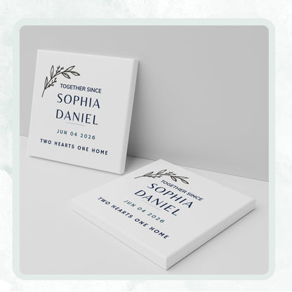DESIGN B - Together Since Botanical personalized ceramic coaster, two coasters shown standing and lying flat