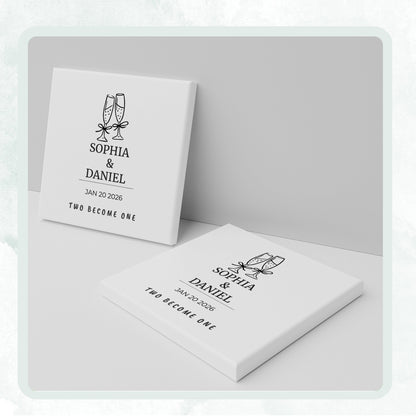 DESIGN C - Champagne Toast Two Become One personalized ceramic coaster, two coasters shown standing and lying flat