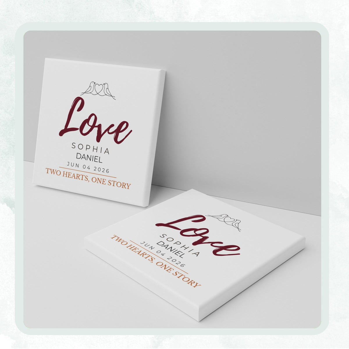 DESIGN D - Love Birds Two Hearts personalized ceramic coaster, two coasters shown standing and lying flat