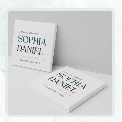 DESIGN F - Wedding Keepsake Two Become One personalized ceramic coaster, two coasters shown standing and lying flat