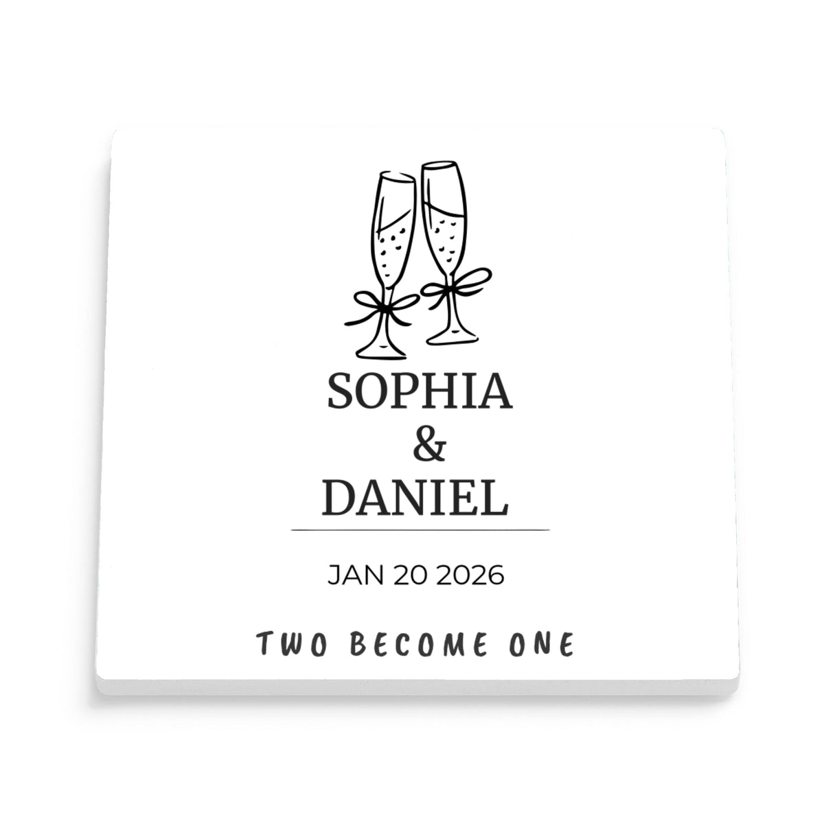 DESIGN C - Champagne Toast Two Become One personalized ceramic coaster, front view of the square glossy white coaster