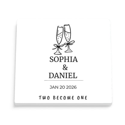DESIGN C - Champagne Toast Two Become One personalized ceramic coaster, front view of the square glossy white coaster