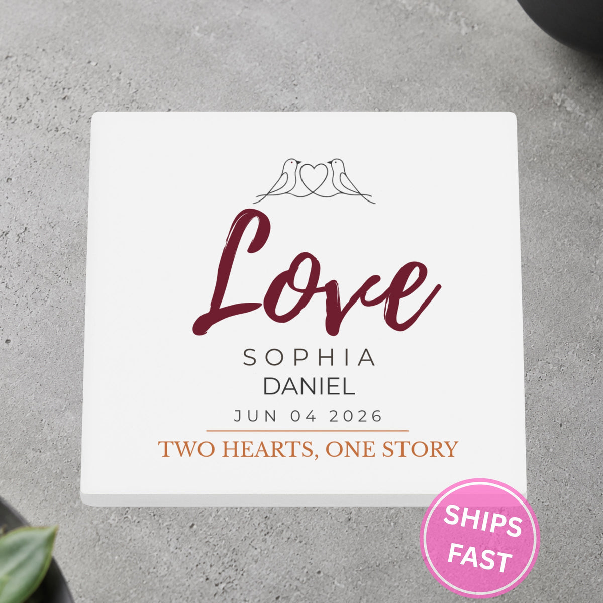 Love Birds Two Hearts personalized ceramic coaster on a gray stone surface