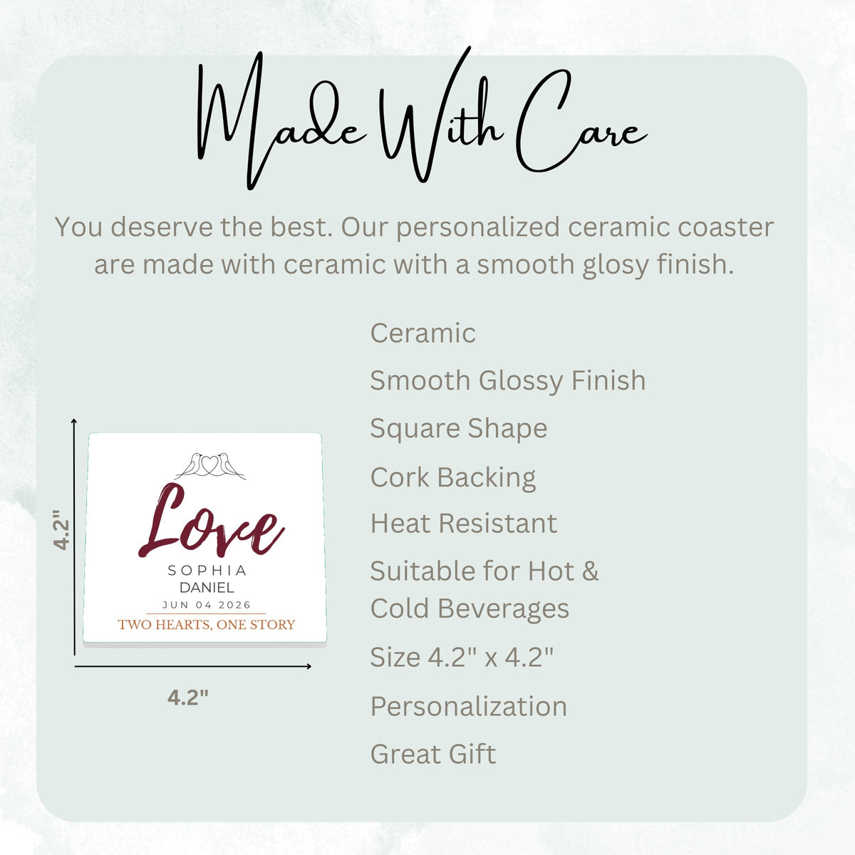 Love Birds Two Hearts ceramic coaster size guide, 4.2 x 4.2 inch square, glossy finish, cork backing