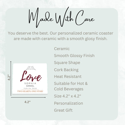 Love Birds Two Hearts ceramic coaster size guide, 4.2 x 4.2 inch square, glossy finish, cork backing