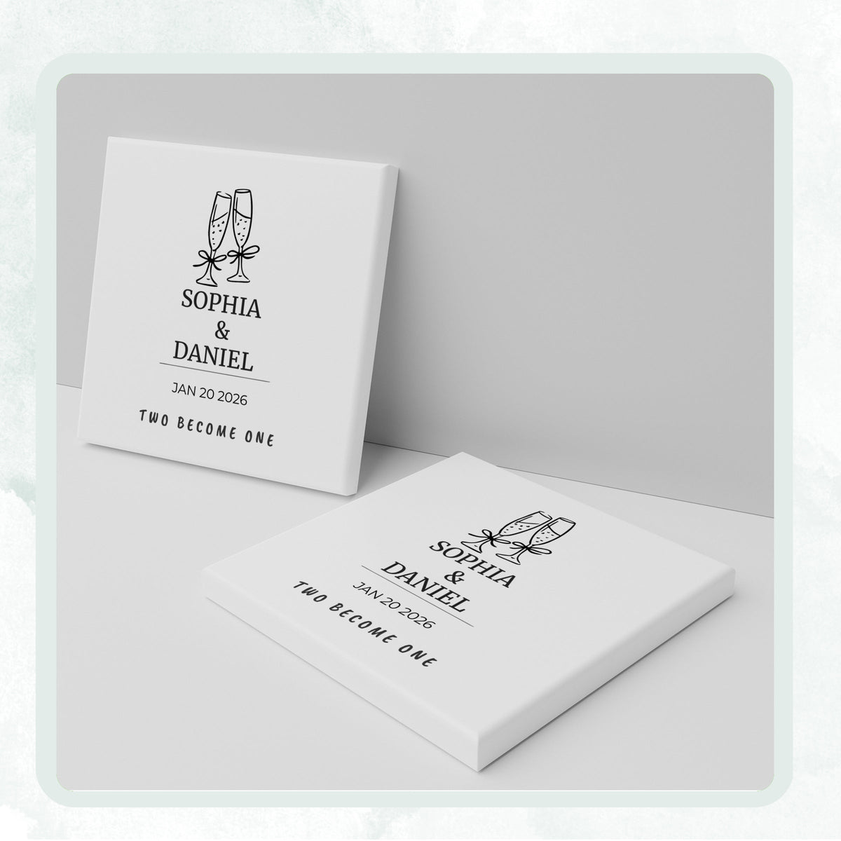 DESIGN C - Champagne Toast Two Become One personalized ceramic coaster, two coasters shown standing and lying flat