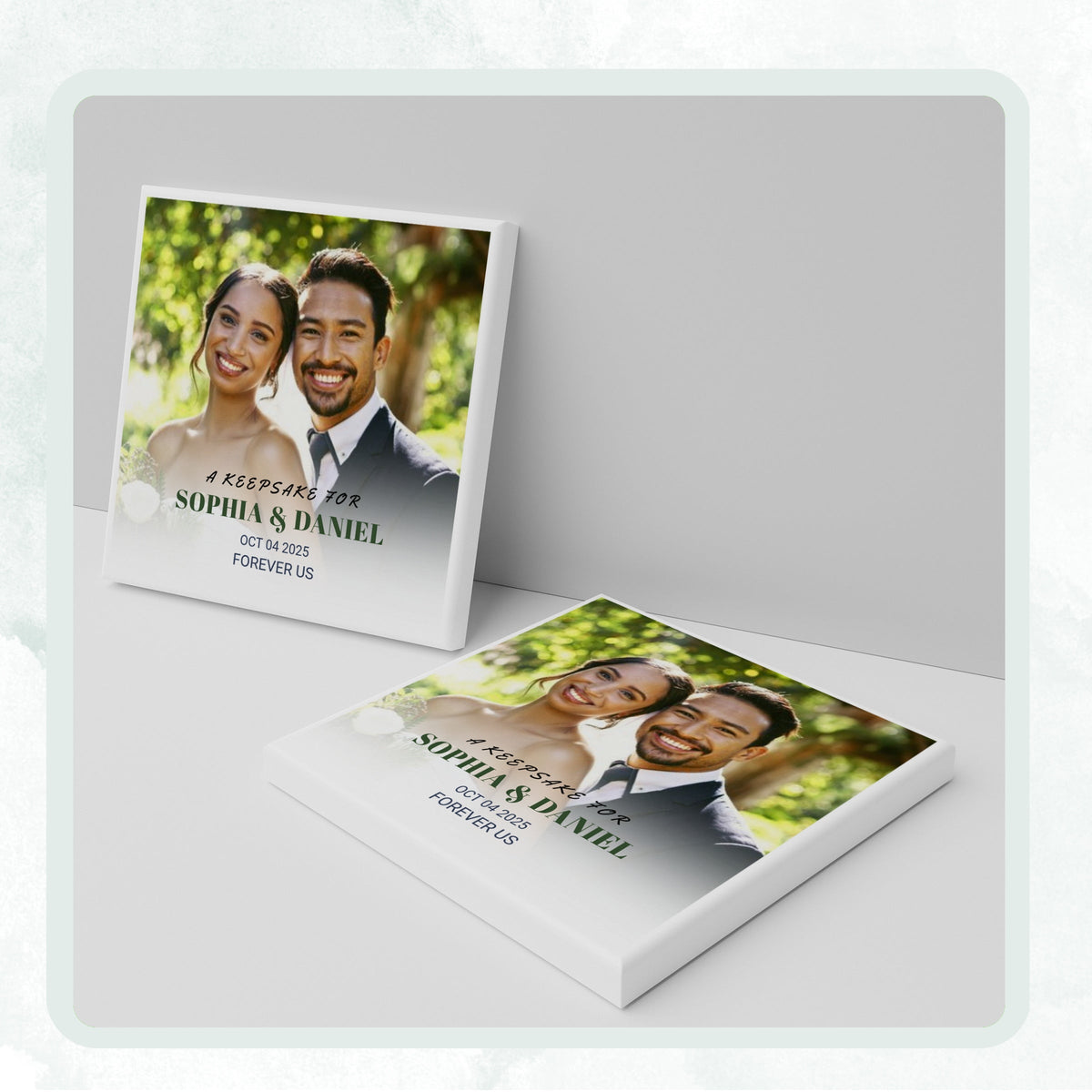 DESIGN E - Forever Us Keepsake personalized ceramic coaster, two coasters shown standing and lying flat