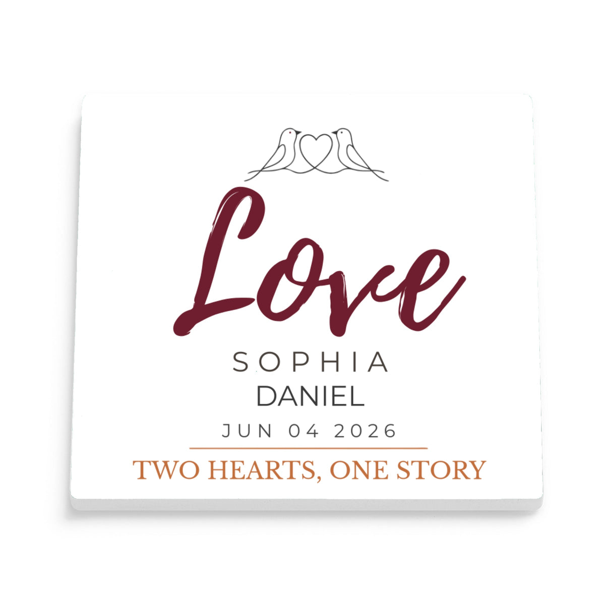 DESIGN D - Love Birds Two Hearts personalized ceramic coaster, front view of the square glossy white coaster
