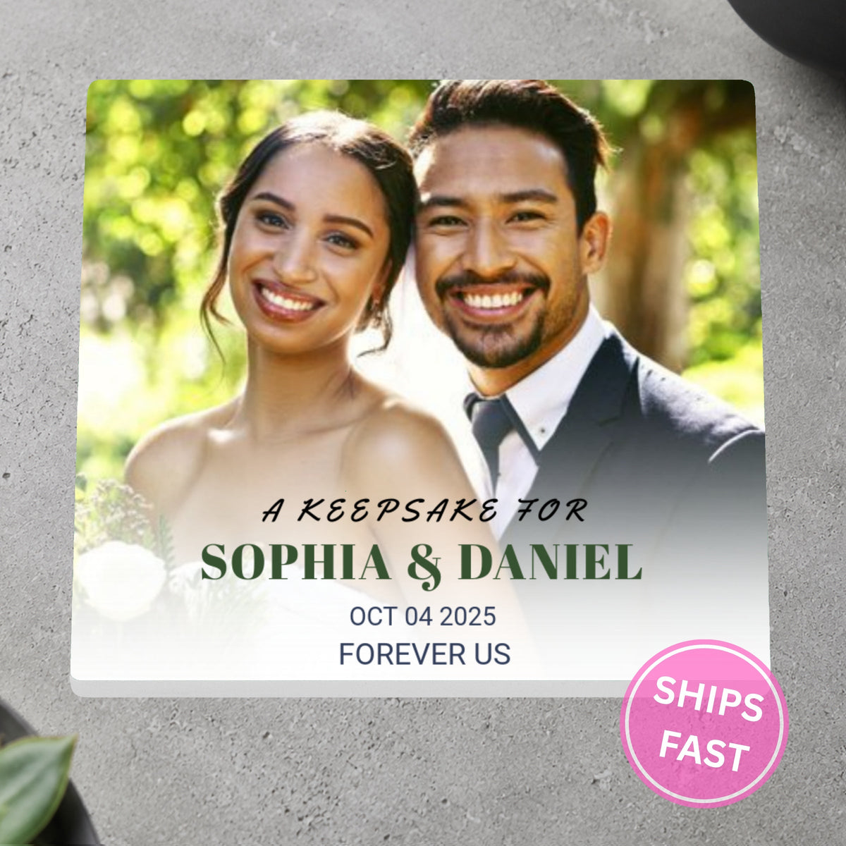 Forever Us Keepsake personalized ceramic coaster on a gray stone surface
