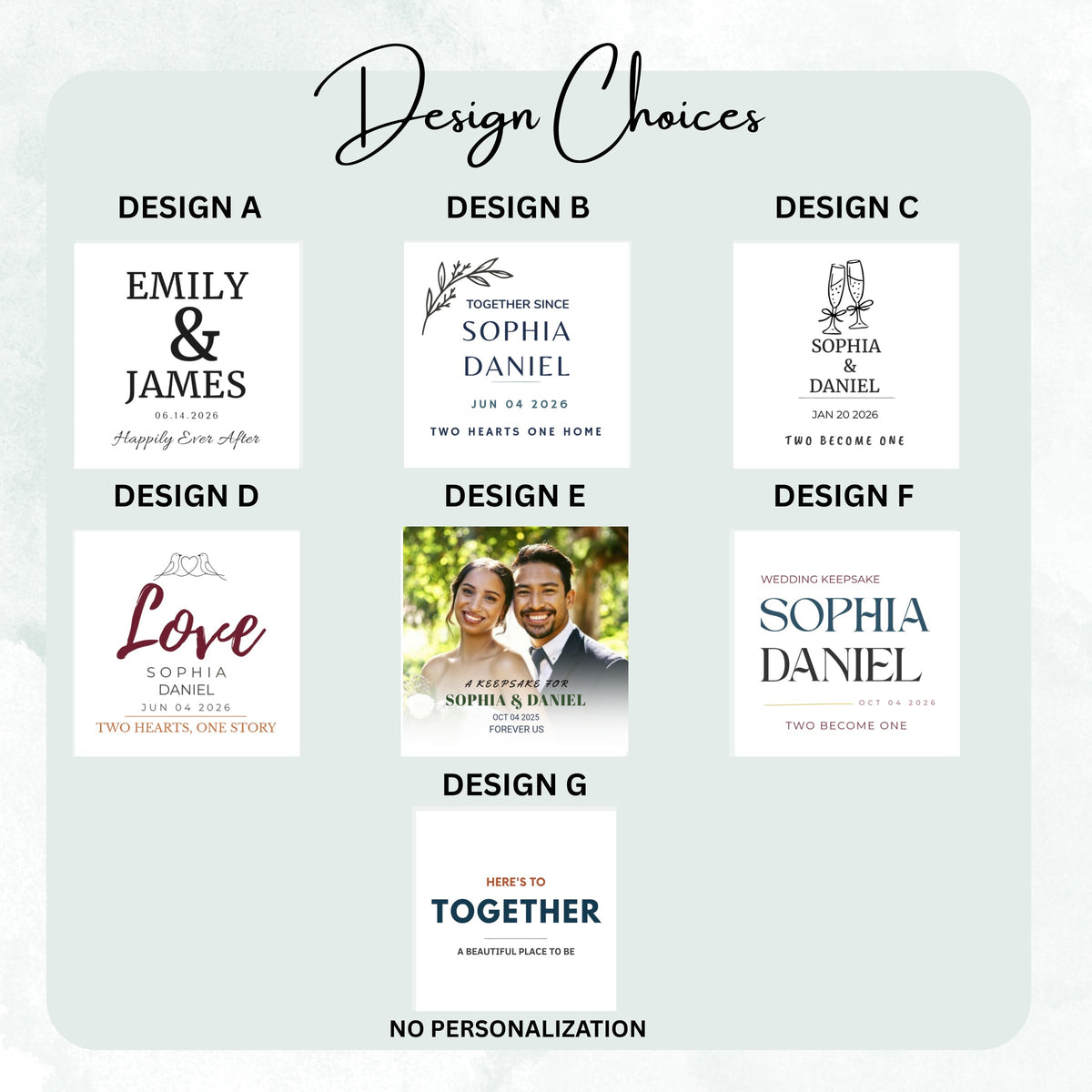 Design choices chart for the Forever Us Keepsake ceramic coaster collection, DESIGN A to DESIGN G