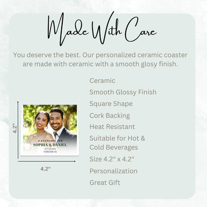 Forever Us Keepsake ceramic coaster size guide, 4.2 x 4.2 inch square, glossy finish, cork backing