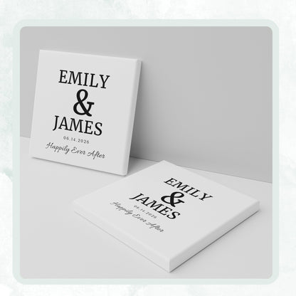 DESIGN A - Happily Ever After Names personalized ceramic coaster, two coasters shown standing and lying flat