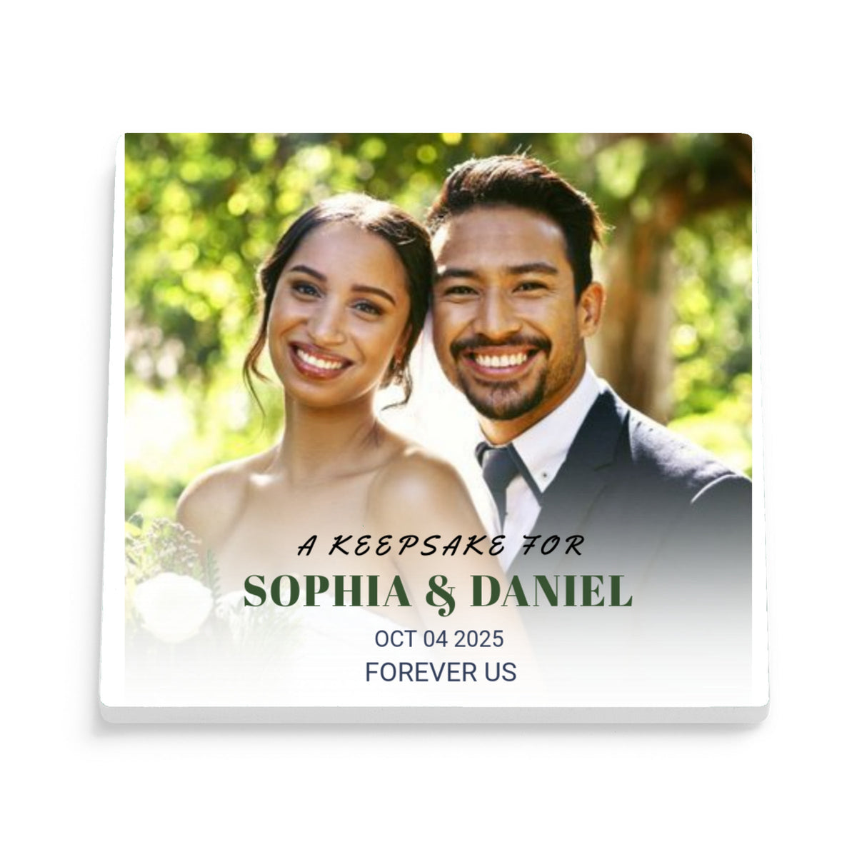 DESIGN E - Forever Us Keepsake personalized ceramic coaster, front view of the square glossy white coaster