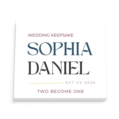 DESIGN F - Wedding Keepsake Two Become One personalized ceramic coaster, front view of the square glossy white coaster
