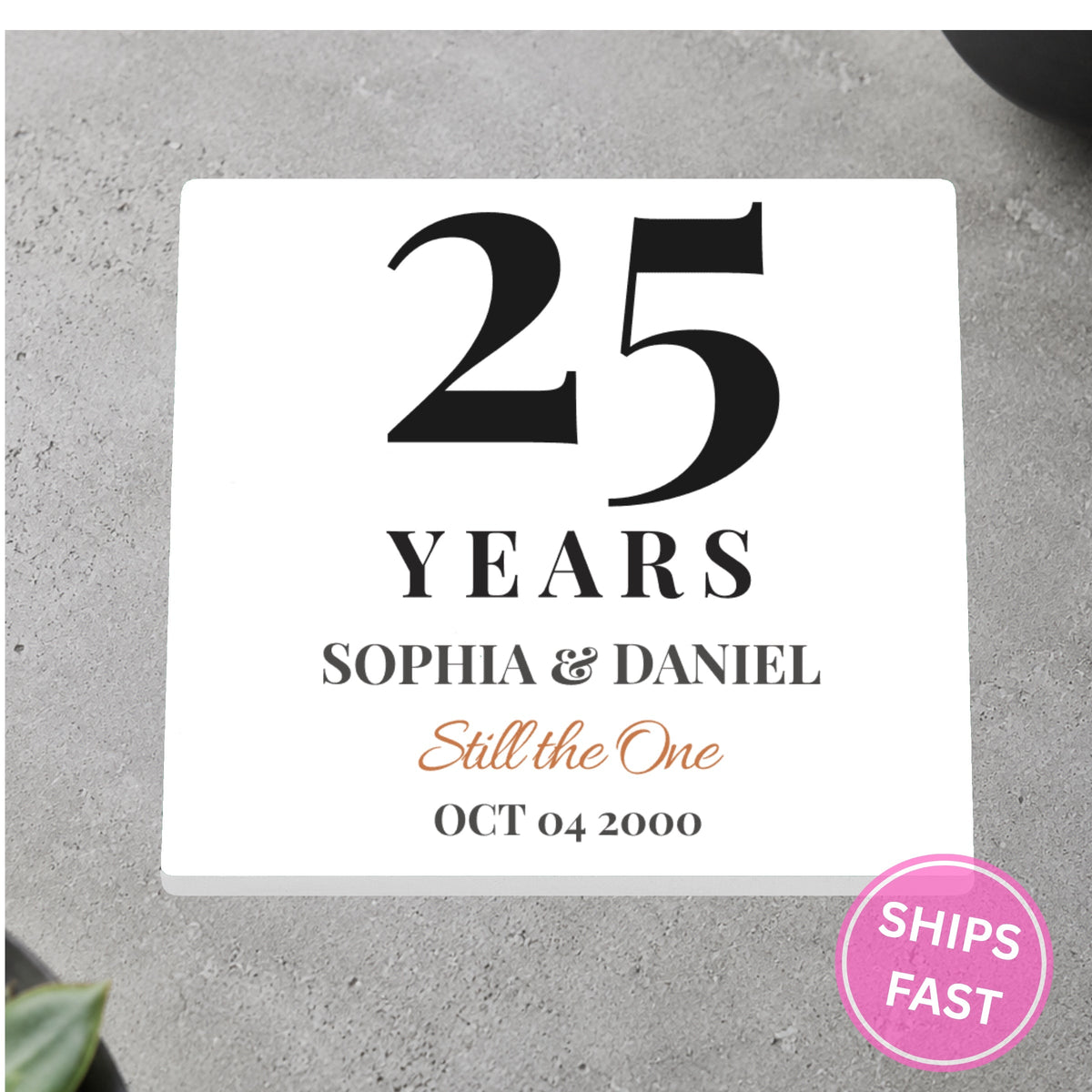 Still the One personalized ceramic coaster on a gray stone surface
