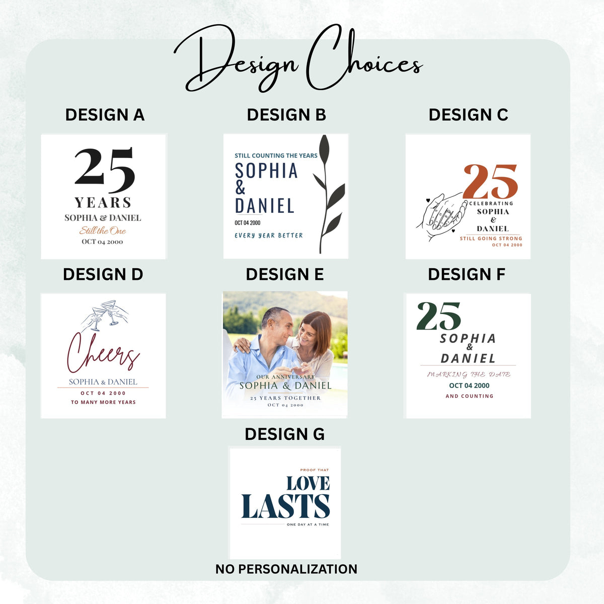 Design choices chart for the Still the One ceramic coaster collection, DESIGN A to DESIGN G