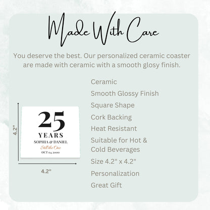 Still the One ceramic coaster size guide, 4.2 x 4.2 inch square, glossy finish, cork backing