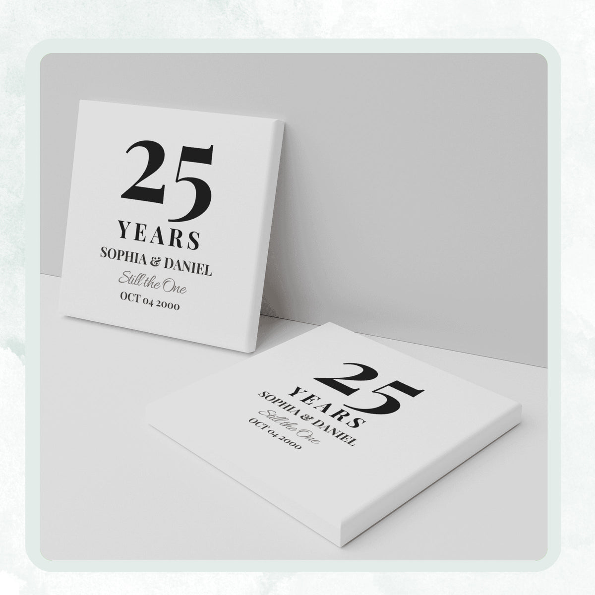 DESIGN A - Still the One personalized ceramic coaster, two coasters shown standing and lying flat