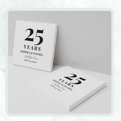 DESIGN A - Still the One personalized ceramic coaster, two coasters shown standing and lying flat