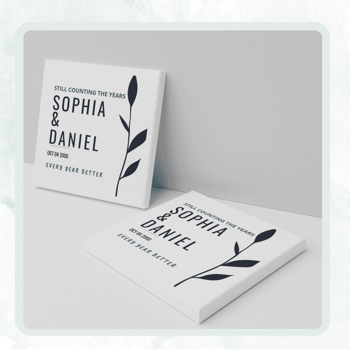 DESIGN B - Every Year Better Branch personalized ceramic coaster, two coasters shown standing and lying flat