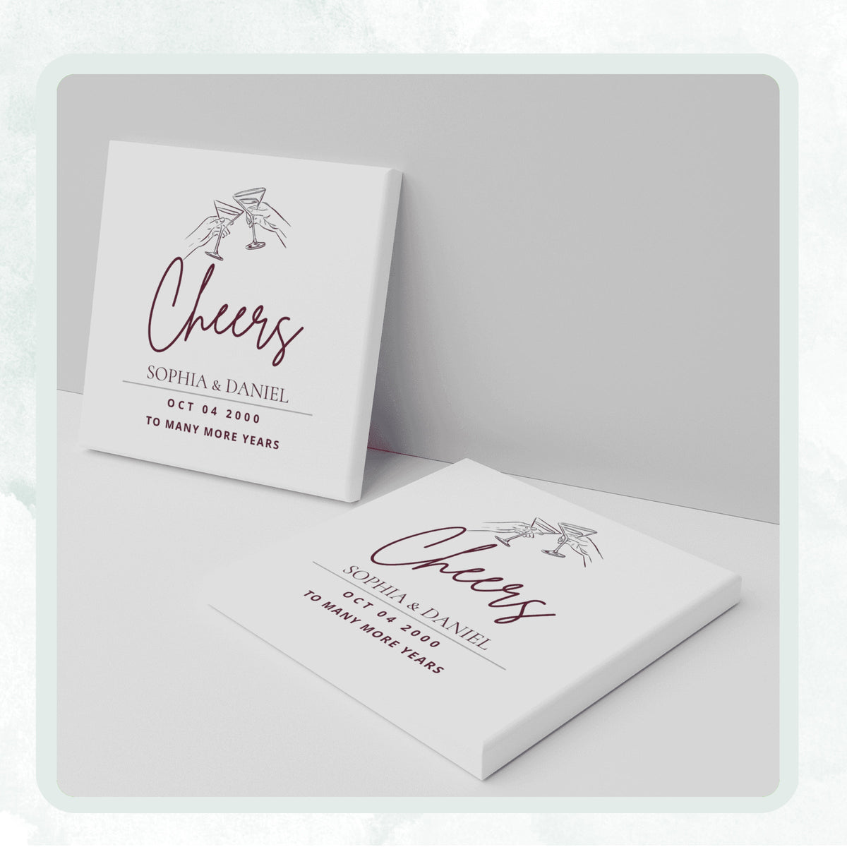 DESIGN D - Cheers to Many More Years personalized ceramic coaster, two coasters shown standing and lying flat