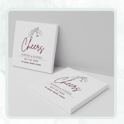 DESIGN D - Cheers to Many More Years personalized ceramic coaster, two coasters shown standing and lying flat