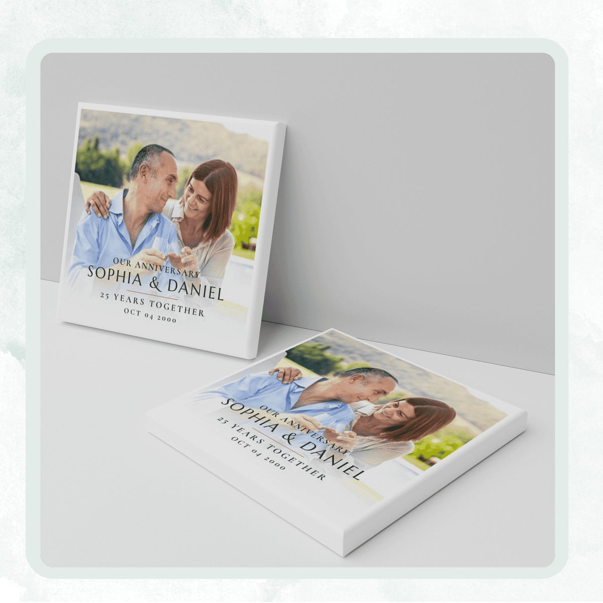 DESIGN E - Our Anniversary Years Together personalized ceramic coaster, two coasters shown standing and lying flat