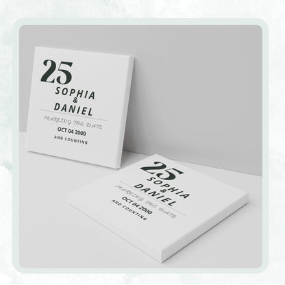 DESIGN F - Marking the Date and Counting personalized ceramic coaster, two coasters shown standing and lying flat