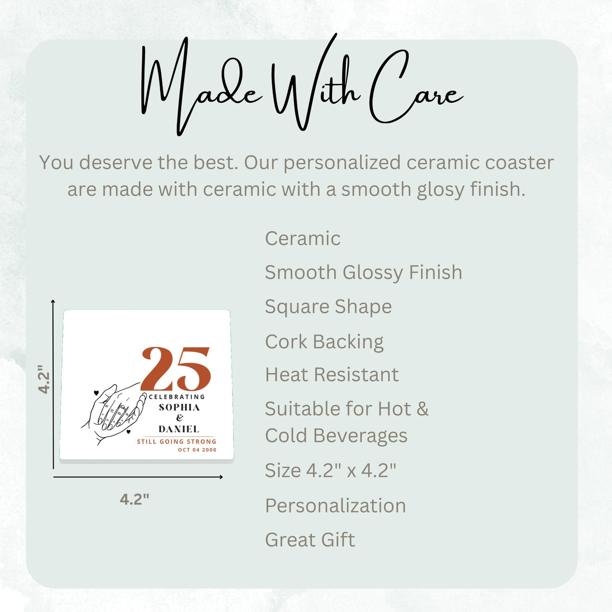 Holding Hands Still Going Strong ceramic coaster size guide, 4.2 x 4.2 inch square, glossy finish, cork backing