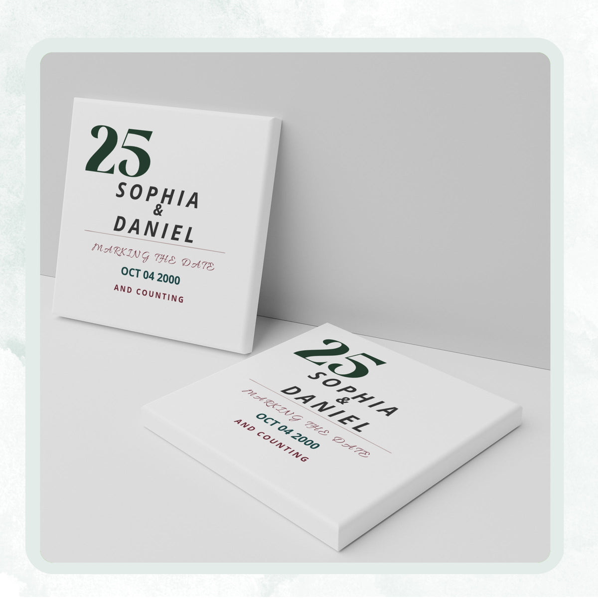 DESIGN F - Marking the Date and Counting personalized ceramic coaster, two coasters shown standing and lying flat