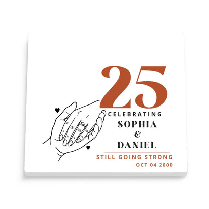 DESIGN C - Holding Hands Still Going Strong personalized ceramic coaster, front view of the square glossy white coaster