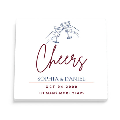 DESIGN D - Cheers to Many More Years personalized ceramic coaster, front view of the square glossy white coaster