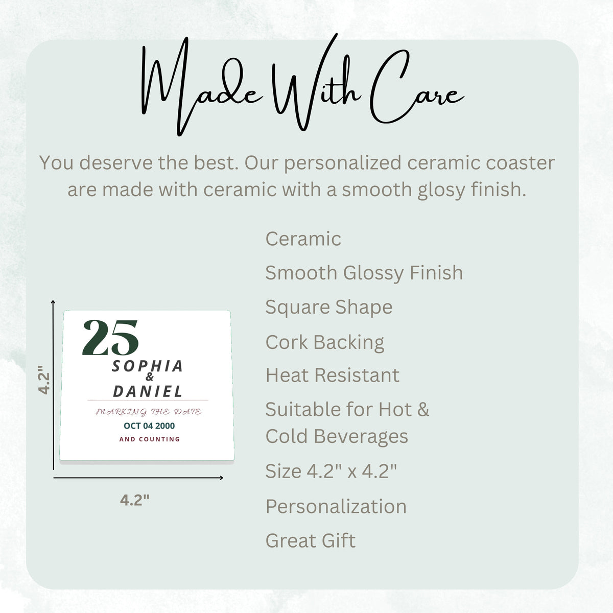 Marking the Date and Counting ceramic coaster size guide, 4.2 x 4.2 inch square, glossy finish, cork backing