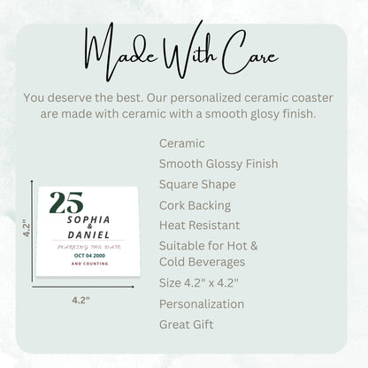 Marking the Date and Counting ceramic coaster size guide, 4.2 x 4.2 inch square, glossy finish, cork backing